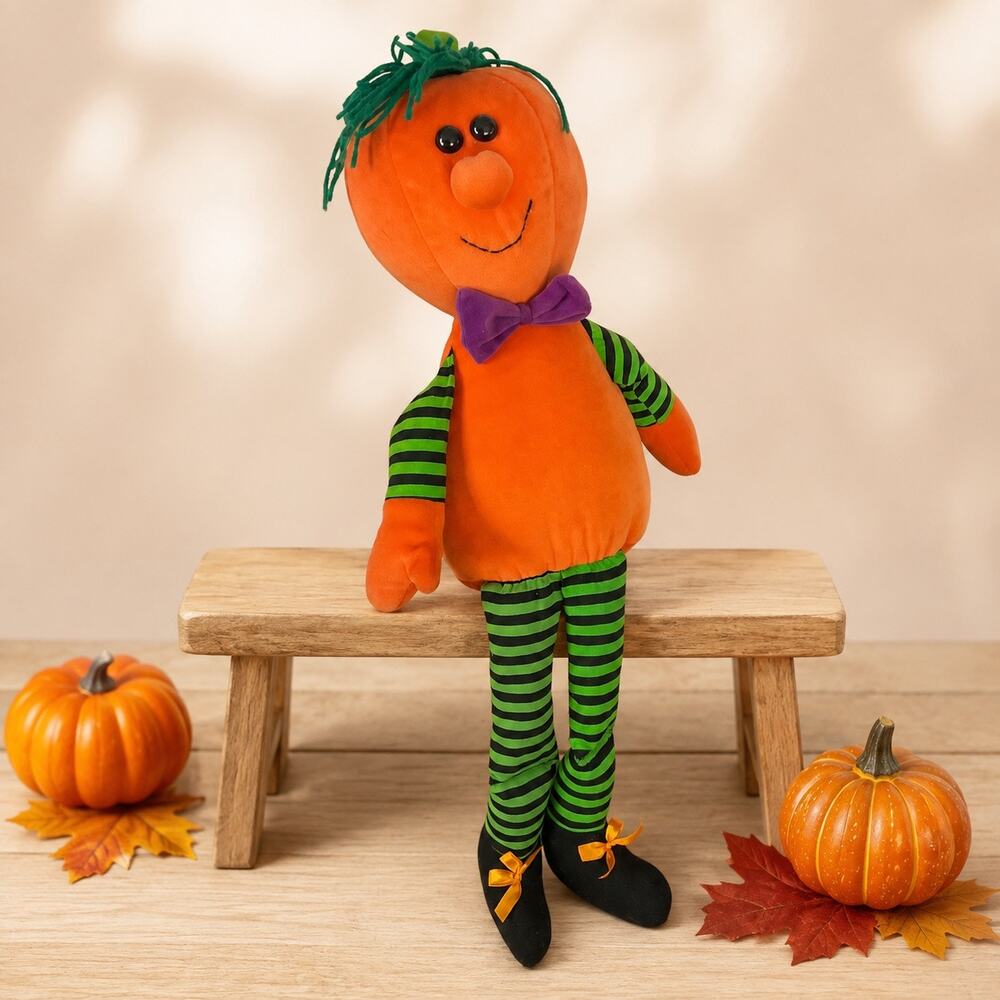 Sugar Loaf Halloween Pumpkin Man Plush Orange Green Striped Legs Bow Tie